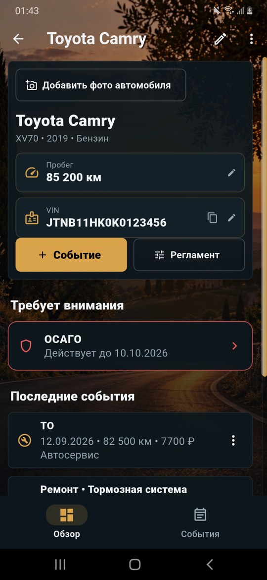 Карточка автомобиля в приложении По ходу